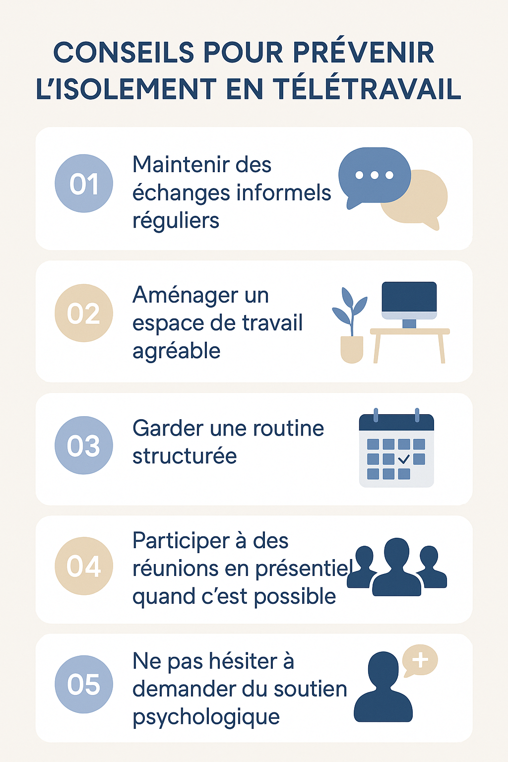Infographie illustrant 5 conseils pour prévenir l’isolement en télétravail