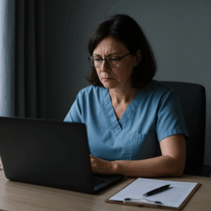 Télésecrétaire médicale isolée devant un ordinateur