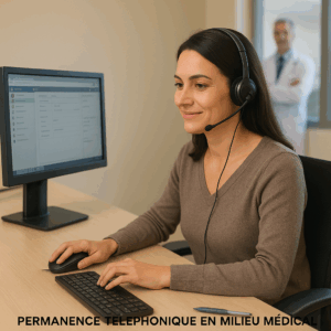 Femme opératrice portant un casque, gérant les appels médicaux via un ordinateur dans un centre de télésecrétariat médical.