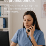 Télésecrétaire médicale au téléphone dans un espace sécurisé