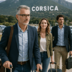 Trois résidents corses en tenue professionnelle marchant avec des valises devant un paysage de montagne en Corse