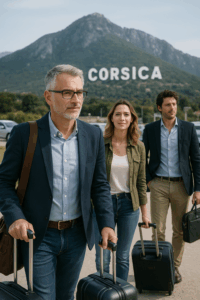 Trois résidents corses en tenue professionnelle marchant avec des valises devant un paysage de montagne en Corse